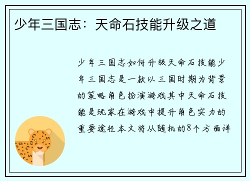 少年三国志：天命石技能升级之道